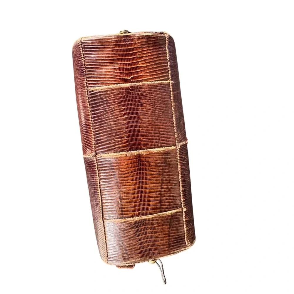 Vintage Brown Lizard Skin Frame Bag‎ Mid Century Exotic Leather Purse Brass Trim